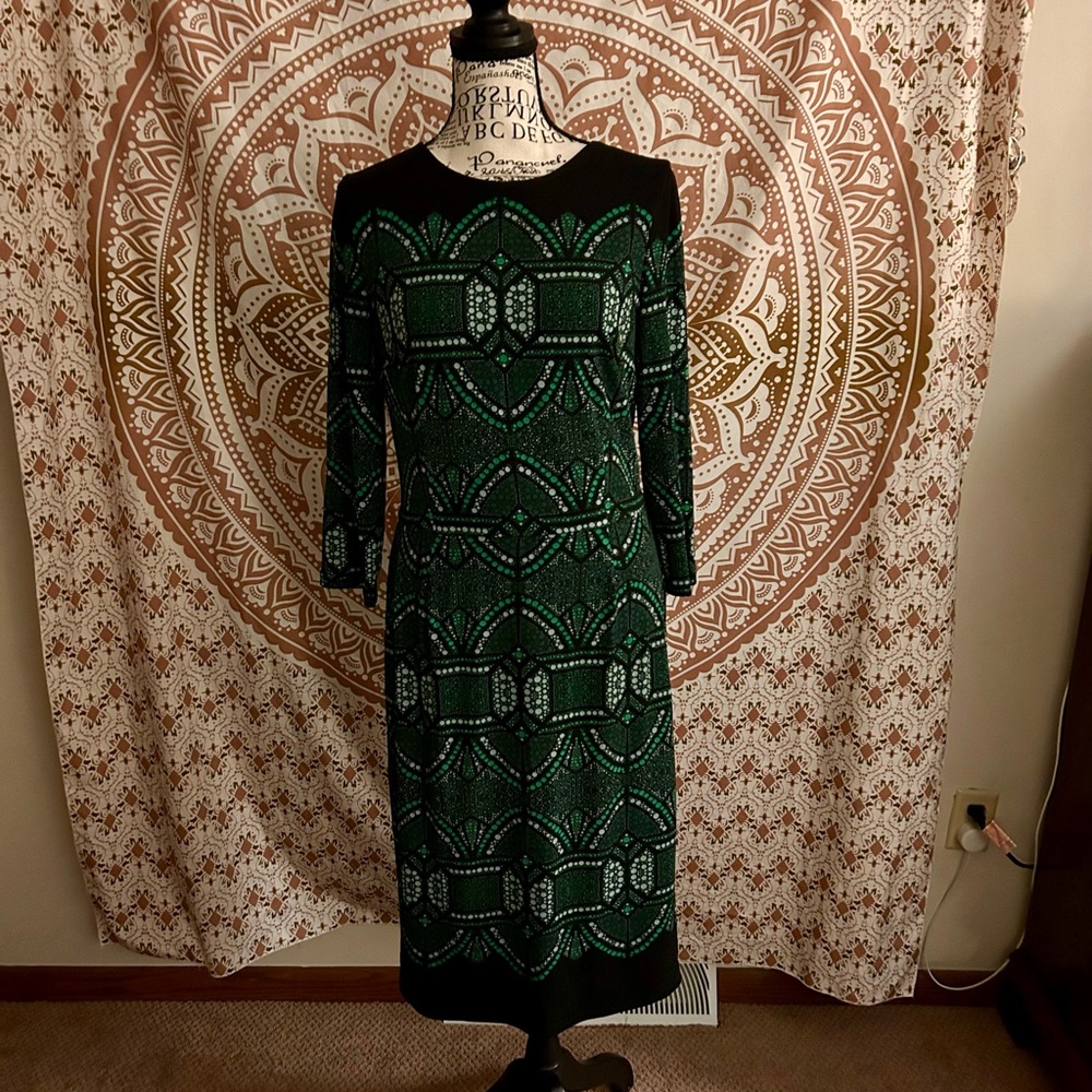White House Black Market Green & Black Geometric Sheath Dress Size 6